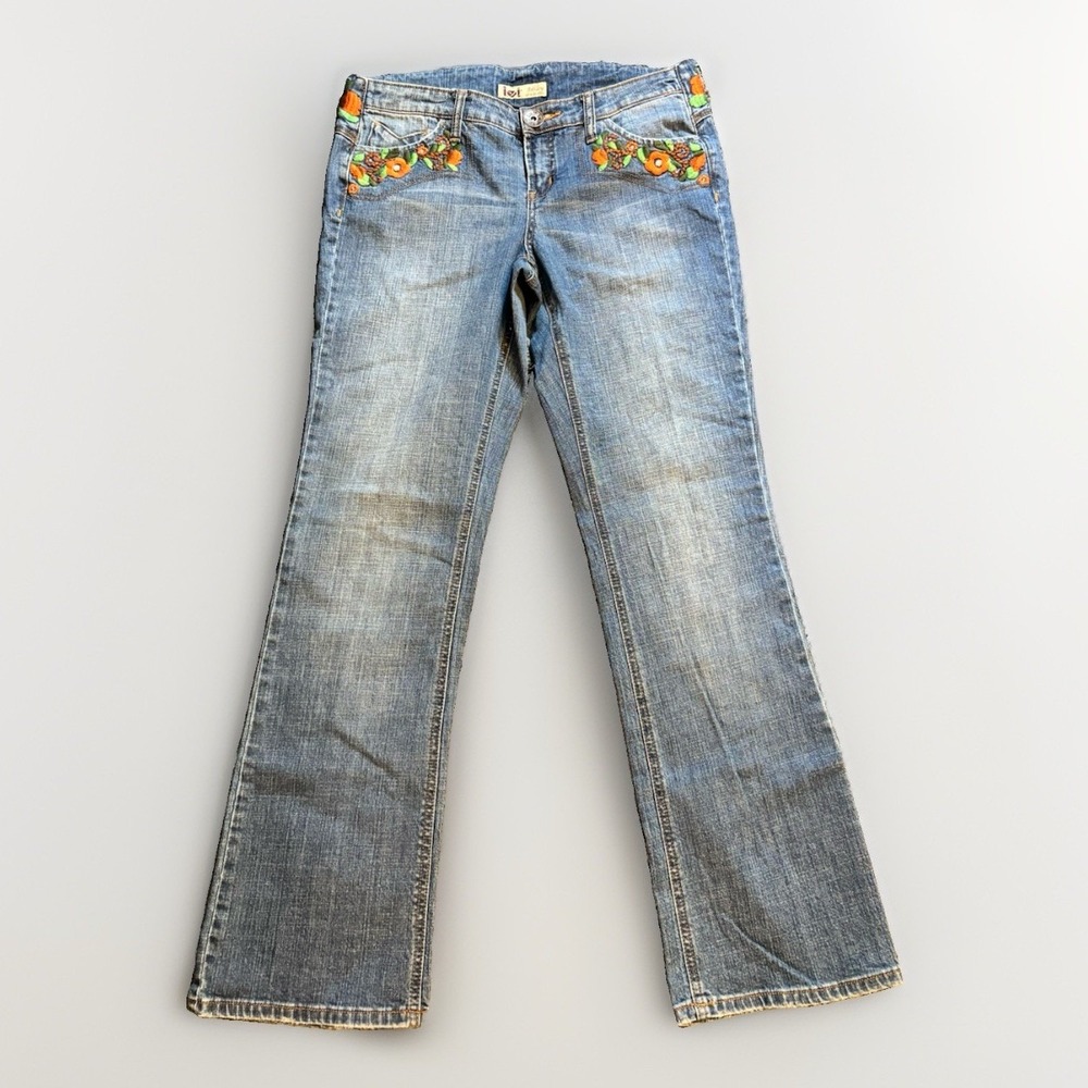 VTG Y2K L.E.I Bootcut Jeans Ultra Low Rise Embroidered Floral Womens Sz 13